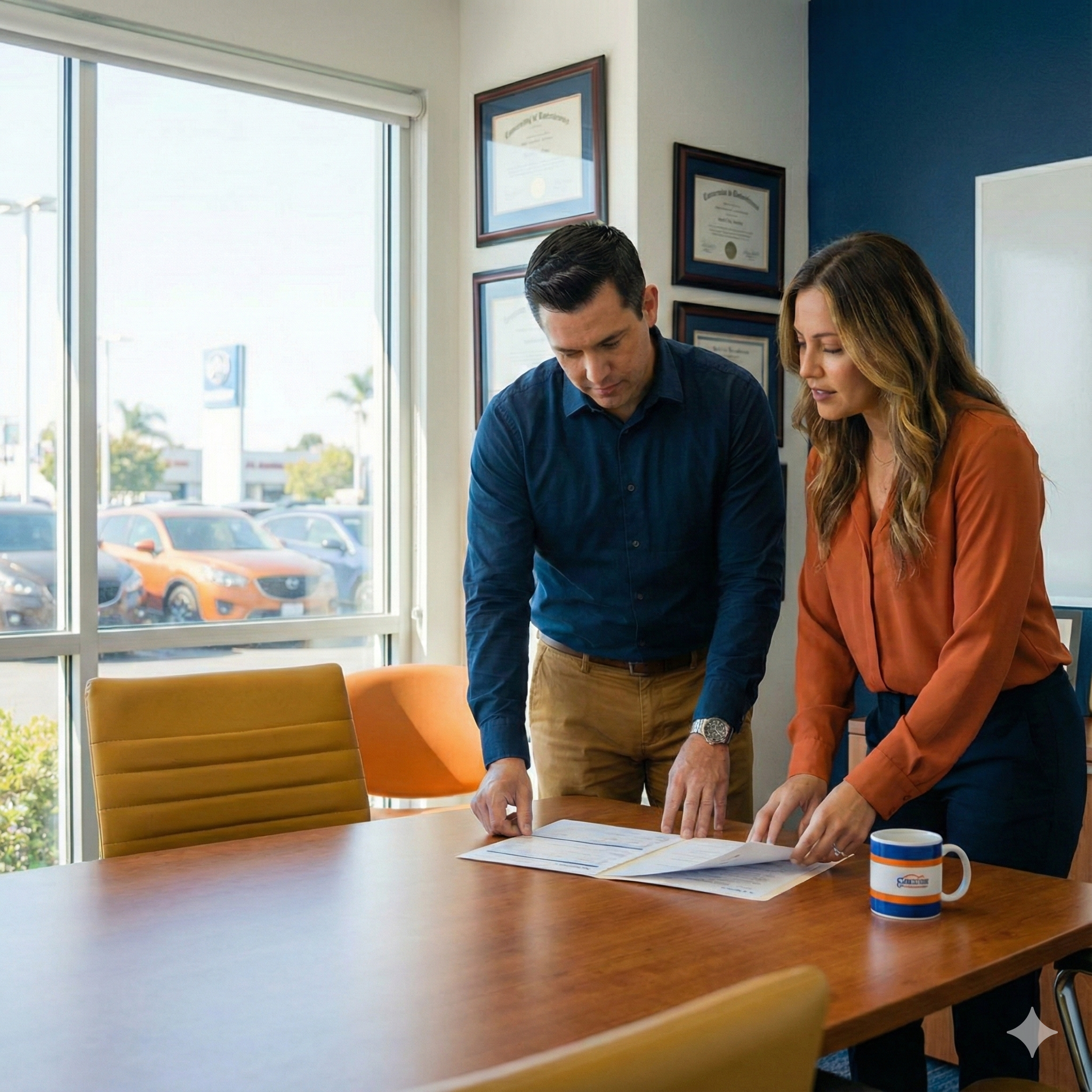 Two professional car dealers standing over a table reviewing documents